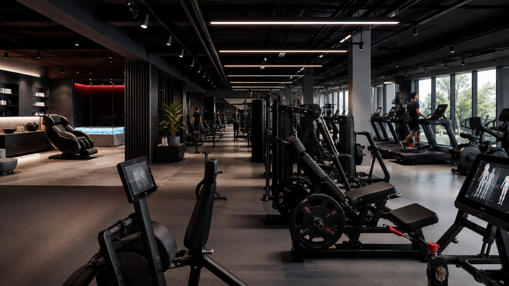 Future-ready professional gym with connected equipment and modern recovery area